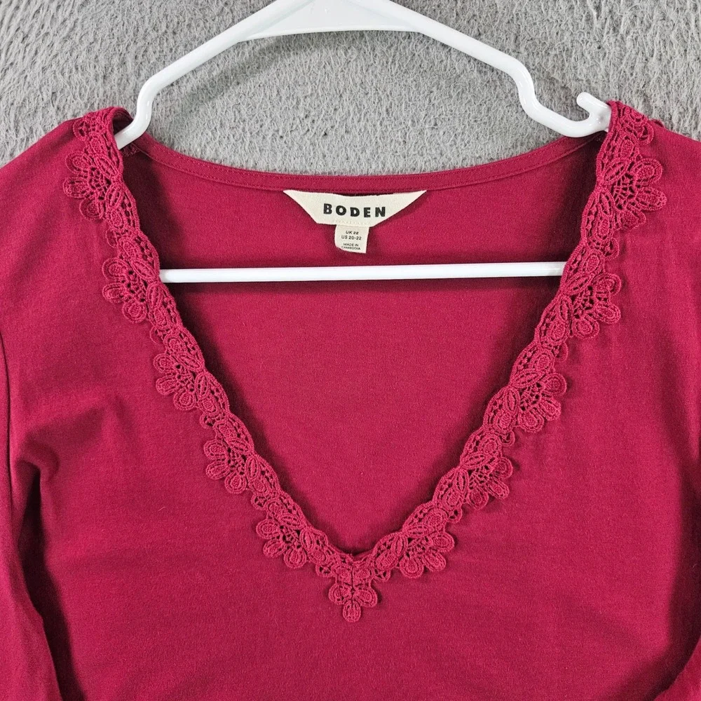 Boden Womens Red‎ Cotton Crochet Lace V-Neck Long Sleeve Top Size US 20-22